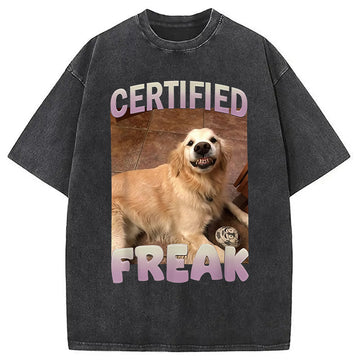 Personality fashion Certified Freak Dog Meme Washed T-Shirt