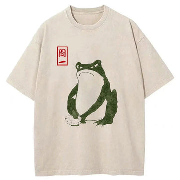 Personality fashion Woodblock Print Frog Washed T-Shirt