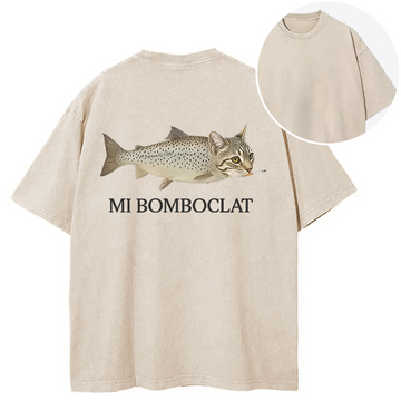 Personality fashion Bomboclat Fish Cat Meme Back Washed T-Shirt