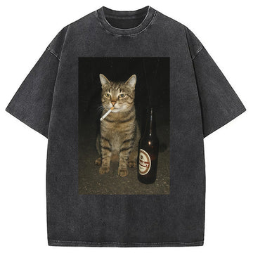 Personality fashion Vintage Cigarette Kitty Meme Washed T-Shirt