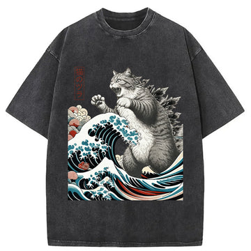 Personality fashion Cat Ukiyoe Great Wave Vintage Japanese Design Washed T-Shirt