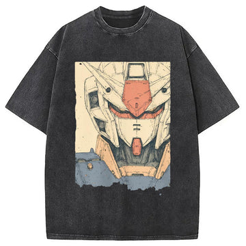 Personality fashion Hand-Drawn Mecha Robot Washed T-Shirt