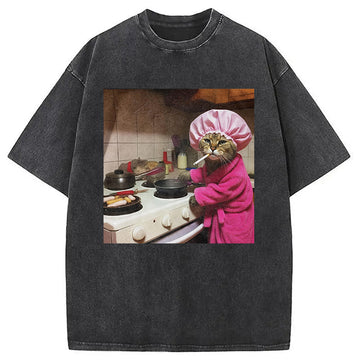 Personality fashion Housewife Cat Meme Washed T-Shirt