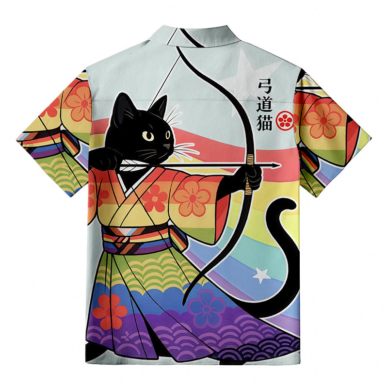 Rainbow Kimono Cat Archery Aloha Japanese Hawaiian Shirt
