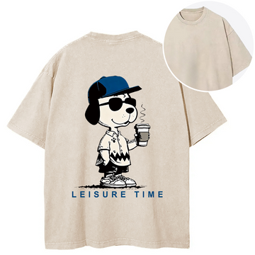 Personality fashion Dodger Dog Vintage Japanese Back Washed T-Shirt