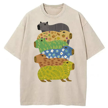 Personality fashion Colorful Capybaras Washed T-Shirt