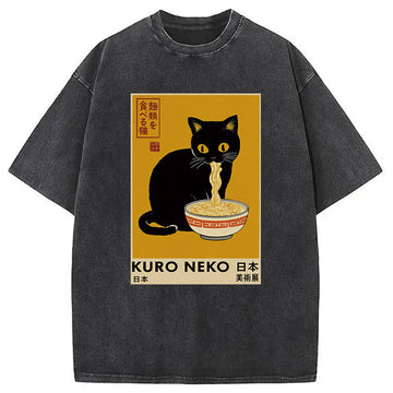 Personality fashion Kuro Neko Ramen Washed T-Shirt