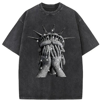 Personality fashion Sparkling Statue Of Liberty Washed T-Shirt