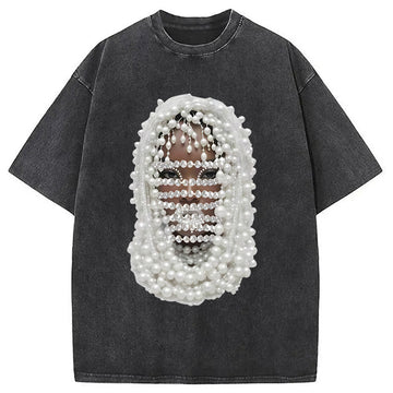 Personality fashion Mesmerizing Pearls Hip Hop Washed T-Shirt