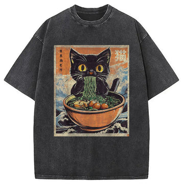 Personality fashion Cat Ramen Japanese Washed T-Shirt