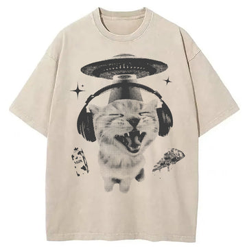 Personality fashion Alien Cat Meme Washed T-Shirt