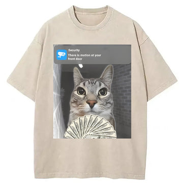 Personality fashion Ring Cat Meme Washed T-Shirt