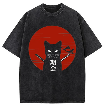 Personality fashion Japanese Ninja Cat Washed T-Shirt