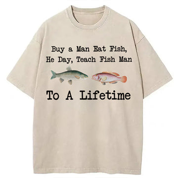 Personality fashion Buy a Man Eat Fish Washed T-Shirt