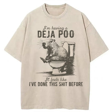 Personality fashion Funny Capybara Deja Poo Meme Washed T-Shirt