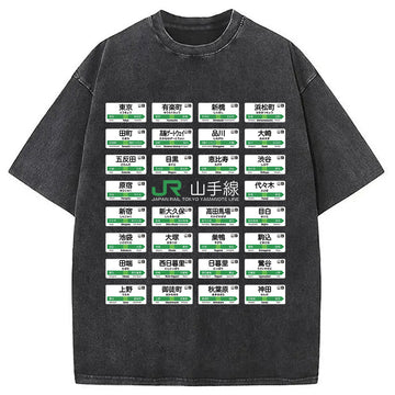Personality fashion Yamanote Line Train Stations All Washed T-Shirt