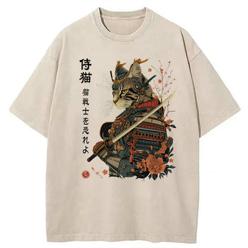 Personality fashion Samurai Cat Japanese Art Washed T-Shirt