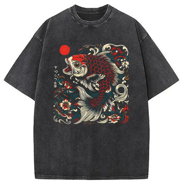 Personality fashion Japanese Koi Fish Washed T-Shirt