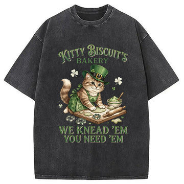 Personality fashion Funny Cat St Patrick's Day Washed T-Shirt