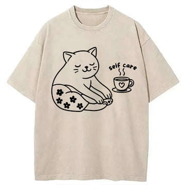 Personality fashion Self Care Line Art Washed T-Shirt
