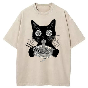 Personality fashion Psychedelic Ramen Cat Washed T-Shirt