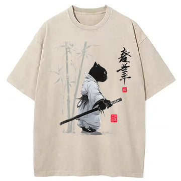 Personality fashion Samurai Cat Japanese Kanji Washed T-Shirt