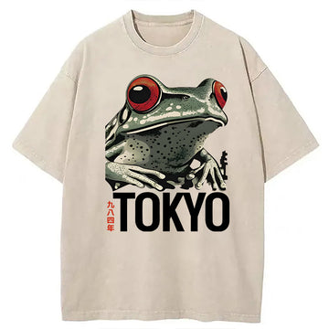 Personality fashion Retro Tokyo Frog Washed T-Shirt