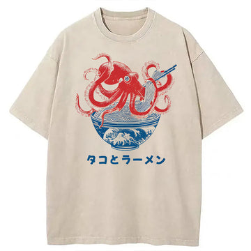 Personality fashion Octopus Eating Ramen Washed T-Shirt