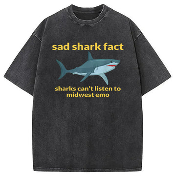 Personality fashion Sad Shark Fact Washed T-Shirt