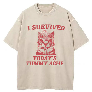 Personality fashion I Survived Today's Tummy Ache Funny Cat Meme Washed T-Shirt