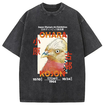 Personality fashion Japanese Bird Poster Washed T-Shirt