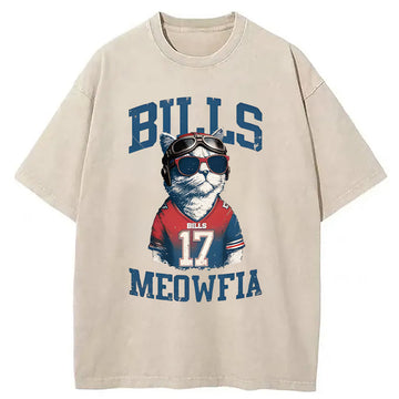 Personality fashion Bills Meowfia Cat Washed T-Shirt