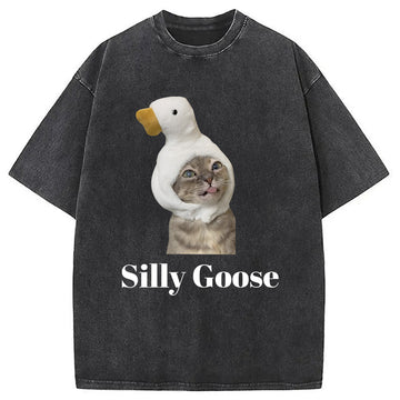 Personality fashion Goose Cat Washed T-Shirt