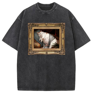 Personality fashion Fat Cat Crying In The Mansion Washed T-Shirt