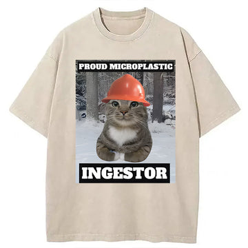 Personality fashion Proud Microplastic Ingestor Cat Meme Washed T-Shirt