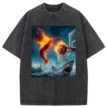 Personality fashion Shrimp Dunking on Shark Funny Washed T-Shirt
