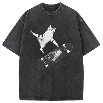 Personality fashion Skateboarding Cat Washed T-Shirt