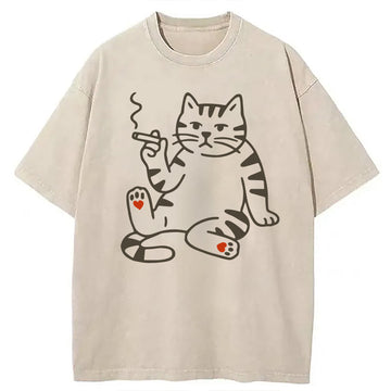 Personality fashion Funny Smoking Cat Meme Washed T-Shirt