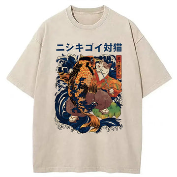 Personality fashion Harajuku Samurai Cat Koi Fish Washed T-Shirt