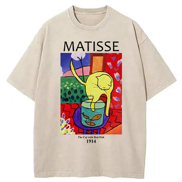 Personality fashion The Cat with Red Fish Washed T-Shirt