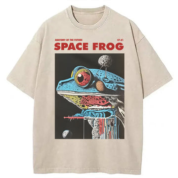 Personality fashion Retro Futuristic Frog Washed T-Shirt