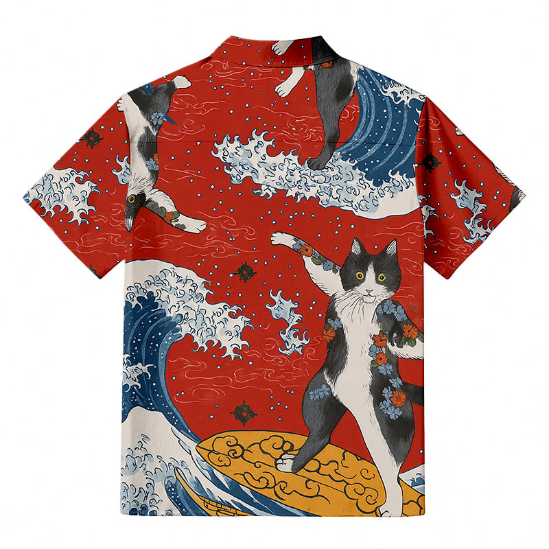 Surfing Tattooed Cat Hawaiian Shirt