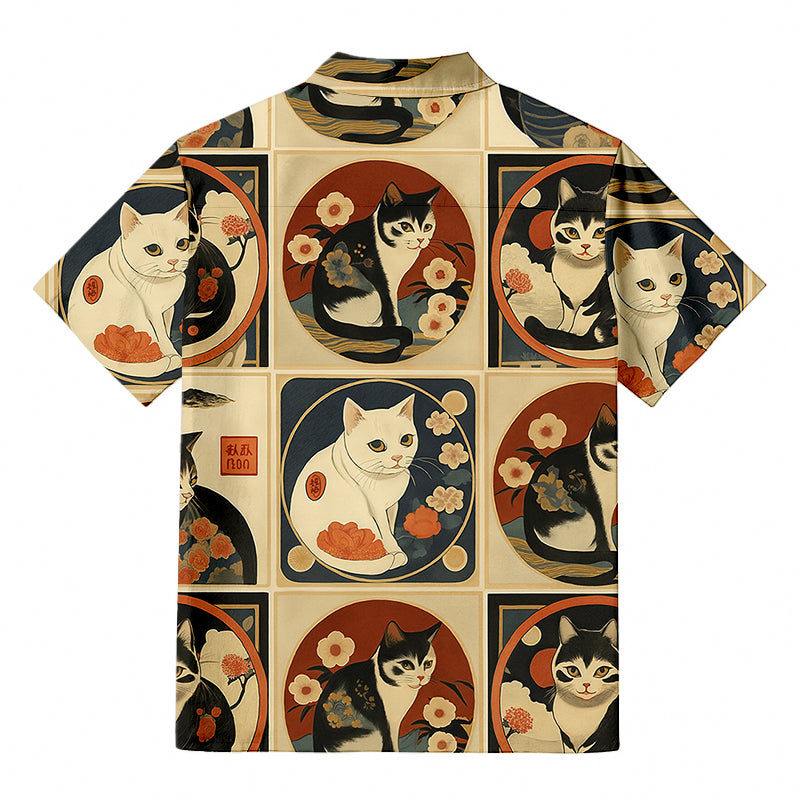 Meiji Era Cat All-over Pattern Ukiyo-e Hawaiian Shirt