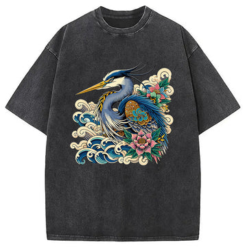 Personality fashion Japanese Blue Heron Washed T-Shirt