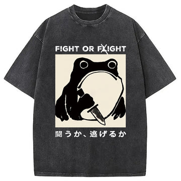 Personality fashion Fight Or Flight Funny Frog Japanese Washed T-Shirt