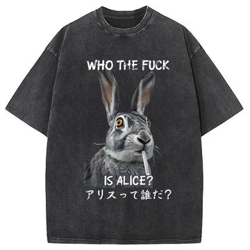 Personality fashion Who The Fvck Is Alice Funny Rabbit Smoking Washed T-Shirt