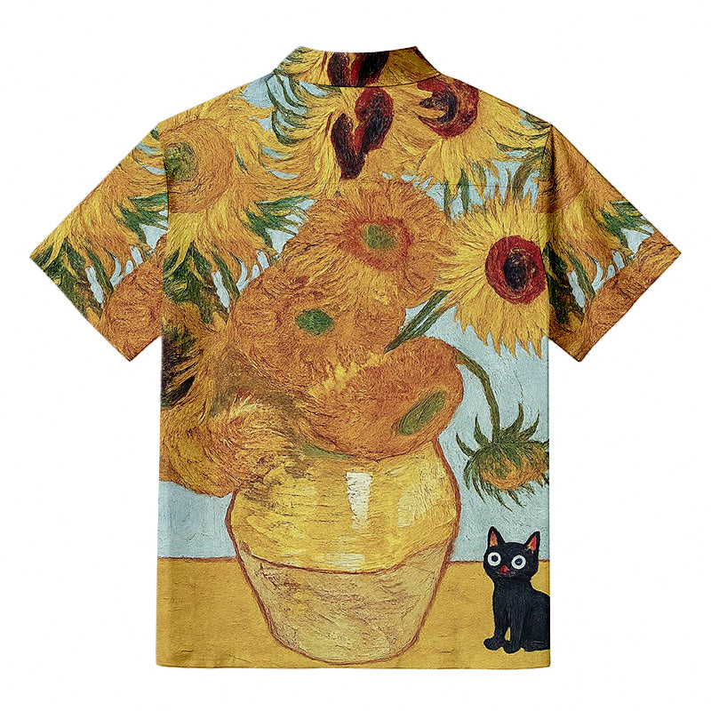 Personality fashionVan Gogh Sunflower Cat Button-up Shirt