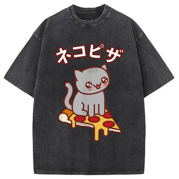 Personality fashion Super Kawaii Japanese Pizza Cat Washed T-Shirt