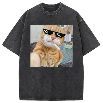 Personality fashion Cool Cat Cringey Washed T-Shirt