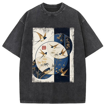 Personality fashion Swallows Among The Bamboo Washed T-Shirt